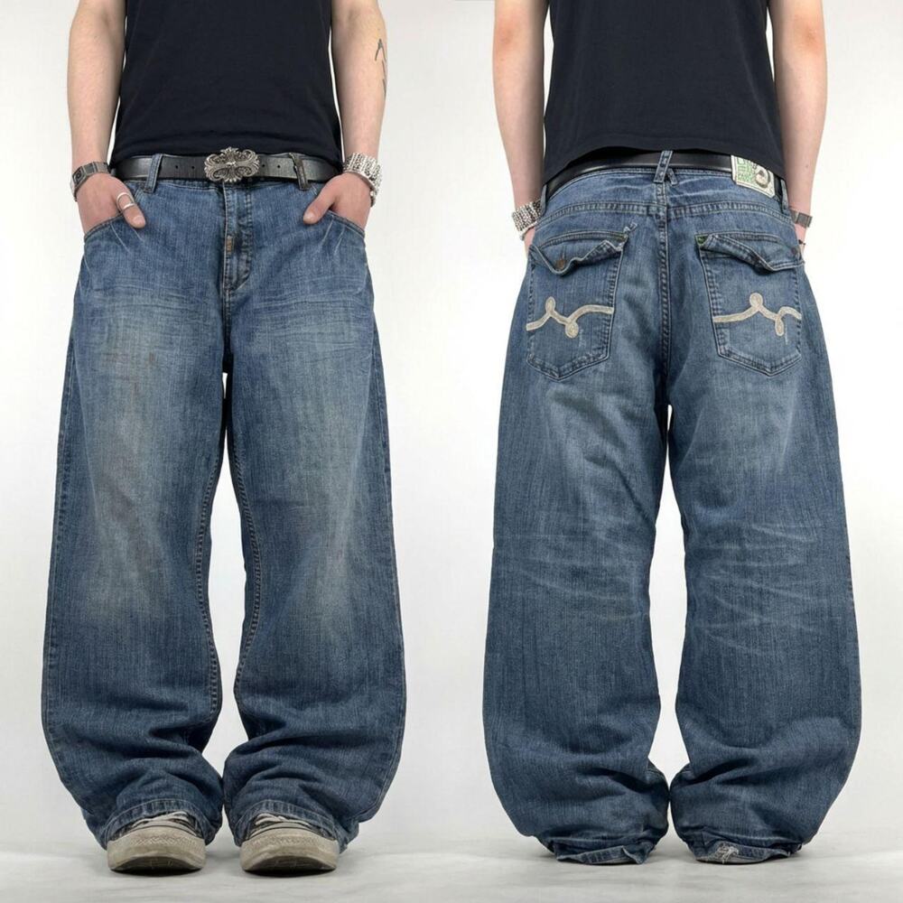 Vintage y2k lrg dark wash embroidered grunge baggy wide leg archive jeans